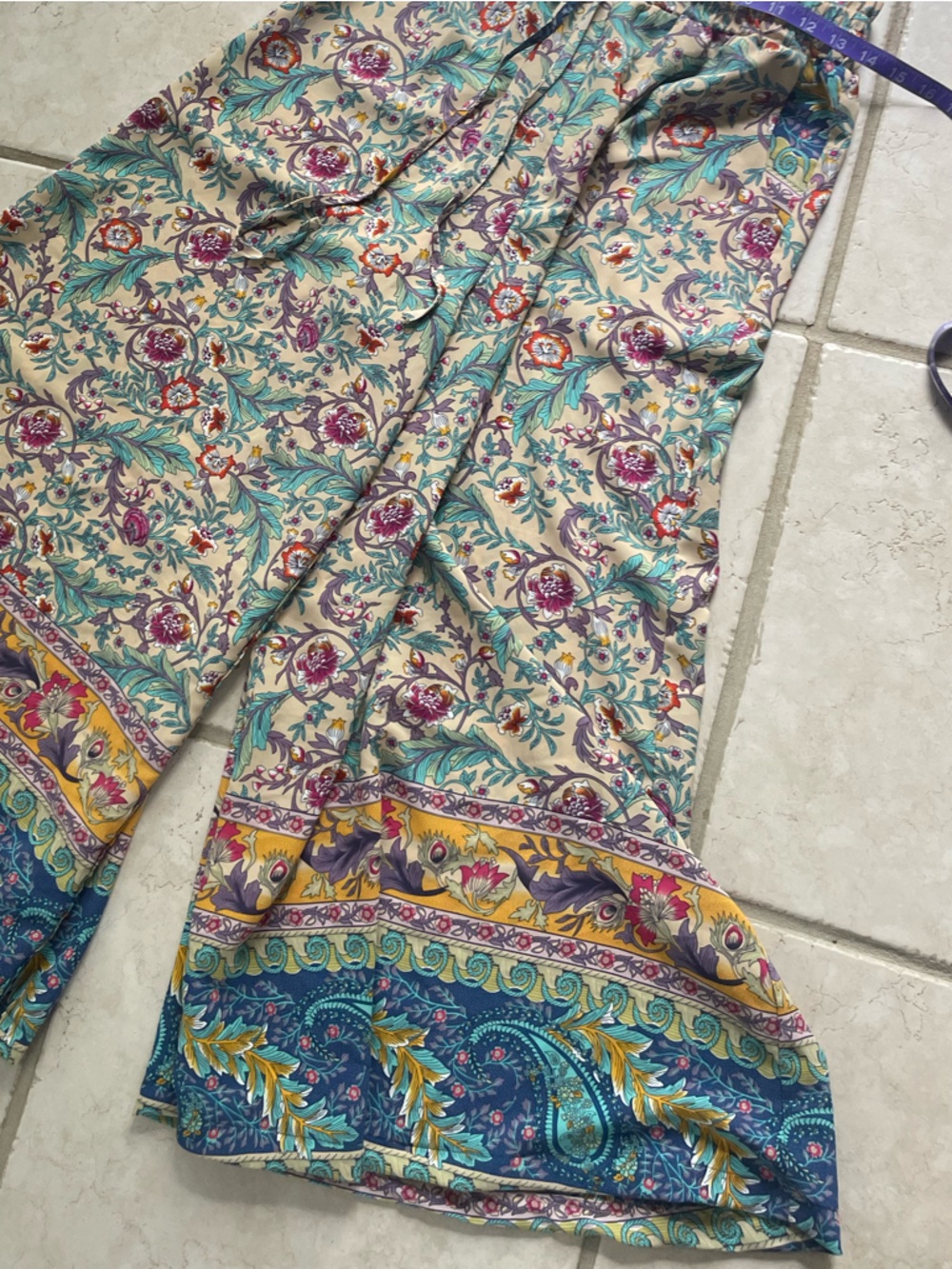 Boho Floral Wide Leg Pants in Teal, Cream & Yellow